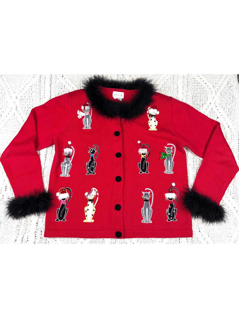 Just B Christmas Cat Cardigan Sweater Red Large Black Feather Collar Cuff